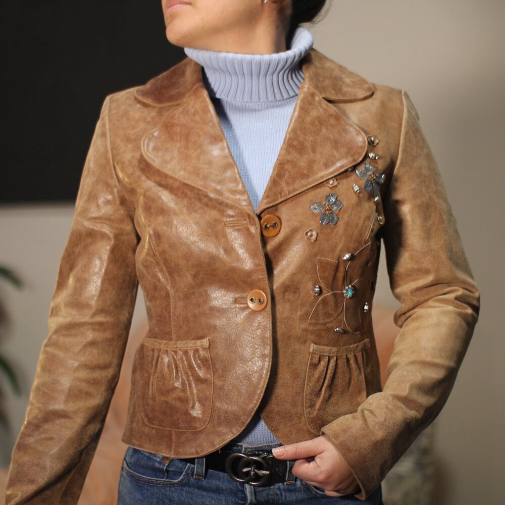 Leather Jacket Brown Embellished Women's Jacket Genuine Leather